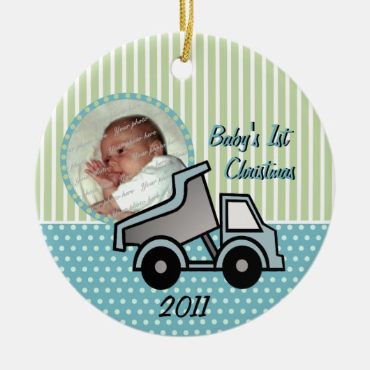 Baby's Eerste Kerst Dump Truck Foto Keramisch Ornament (Voorkant)