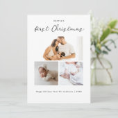 Baby's Eerste Kerst Eenvoudige Moderne Drie Foto Feestdagenkaart (Staand voorkant)