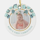 Baby's eerste kerst Eucalyptus foto Keramisch Ornament (Voorkant)