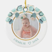 Baby's eerste kerst Eucalyptus foto Keramisch Ornament (Achterkant)