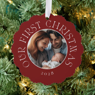 Baby's eerste kerst feestelijke rode familie foto ornament kaart