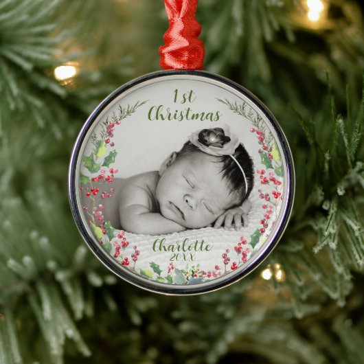 Baby's eerste kerst, foto, aandenken metalen ornament (Boom)