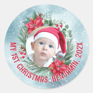 Baby's eerste kerst foto bloemenkrans ronde sticker