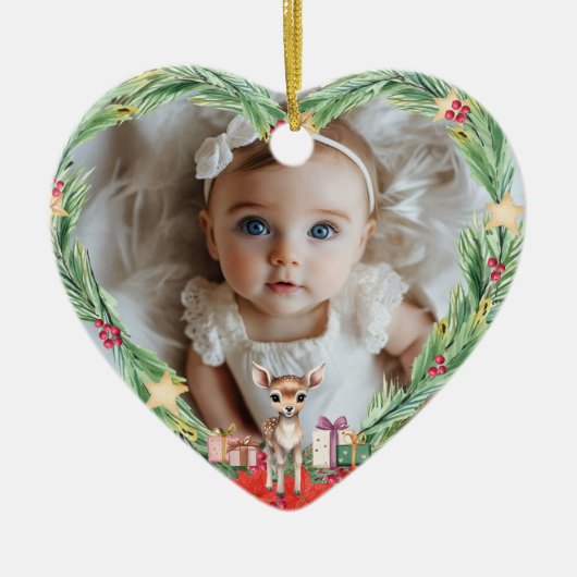 Baby's eerste kerst-foto-hart-rendier keramisch ornament (Voorkant)