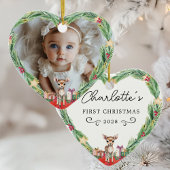 Baby's eerste kerst-foto-hart-rendier keramisch ornament