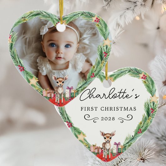 Baby's eerste kerst-foto-hart-rendier keramisch ornament