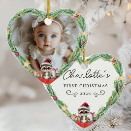 Baby's eerste kerst-foto-hart-wasbeer keramisch ornament
