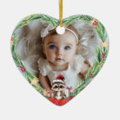 Baby's eerste kerst-foto-hart-wasbeer keramisch ornament (Voorkant)