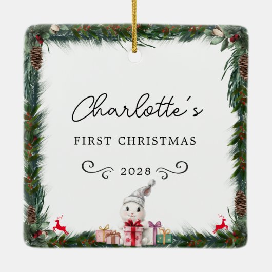 Baby's eerste kerst-foto-konijn keramisch ornament (Achterkant)