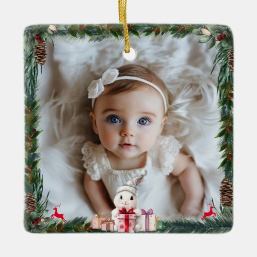 Baby's eerste kerst-foto-konijn keramisch ornament (Voorkant)