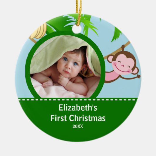 Baby's Eerste Kerst Foto Ornament Aap (Voorkant)