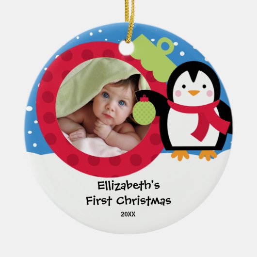 Baby's Eerste Kerst Foto Ornament Pinguïn (Voorkant)