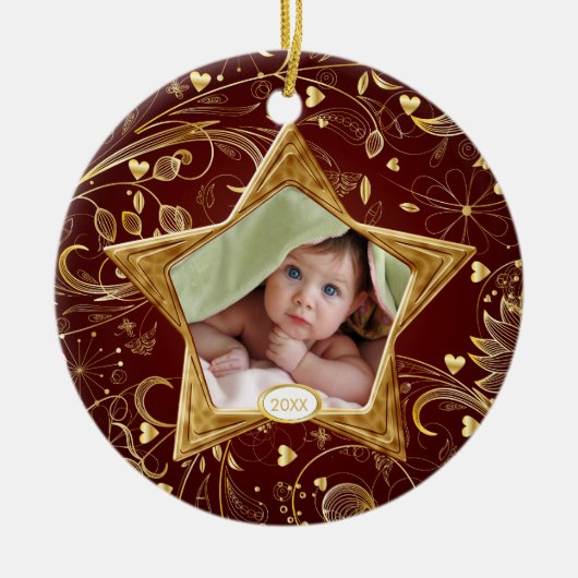 Baby's Eerste Kerst Foto Ornament Ster Goud (Voorkant)
