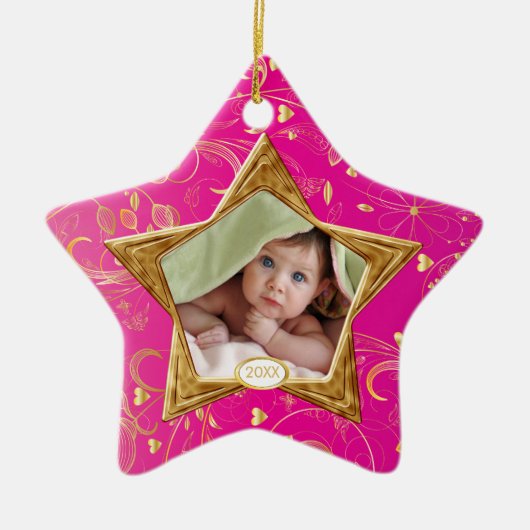 Baby's Eerste Kerst Foto Ornament Ster Roze (Voorkant)