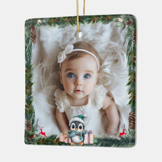 Baby's eerste kerst-foto-pinguïn keramisch ornament (Links)