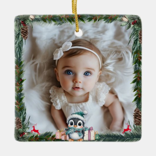 Baby's eerste kerst-foto-pinguïn keramisch ornament (Voorkant)