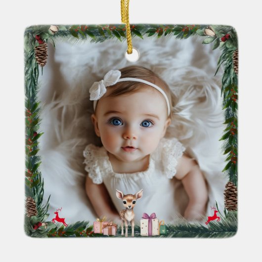 Baby's eerste kerst-foto-rendier keramisch ornament (Voorkant)
