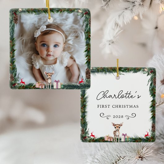 Baby's eerste kerst-foto-rendier keramisch ornament