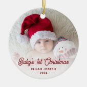 Baby's Eerste Kerst Foto Rode Retro Schrift Keramisch Ornament (Voorkant)