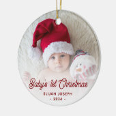 Baby's Eerste Kerst Foto Rode Retro Schrift Keramisch Ornament (Links)
