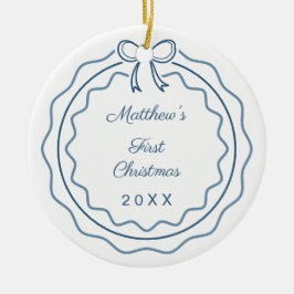 Baby's eerste kerst foto strik geschulpte blauwe keramisch ornament
