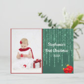 Baby's Eerste Kerst Foto Zilver Glitter Plat Feestdagenkaart (Staand voorkant)