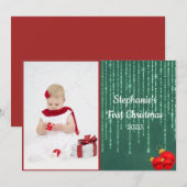 Baby's Eerste Kerst Foto Zilver Glitter Plat Feestdagenkaart (Voorkant / Achterkant)