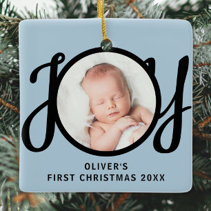 Baby's Eerste Kerst Foto Zwarte Script Blauwe Keramisch Ornament