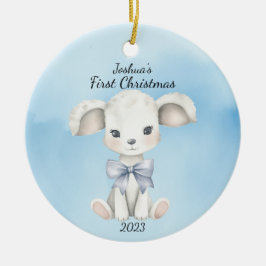 Baby's eerste kerst geit blauw gepersonaliseerd keramisch ornament