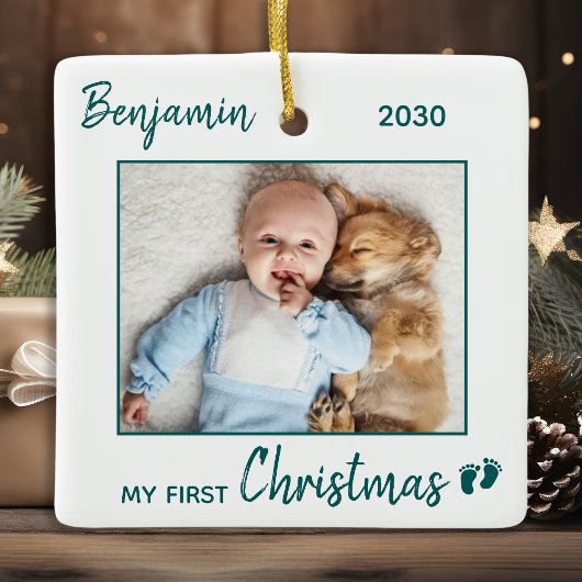 Baby's eerste kerst gepersonaliseerde fotovakantie keramisch ornament