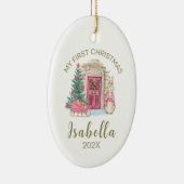 Baby's eerste kerst gepersonaliseerde Waterverf Keramisch Ornament (Rechts)