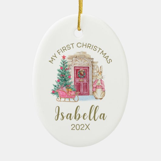 Baby's eerste kerst gepersonaliseerde Waterverf Keramisch Ornament (Voorkant)