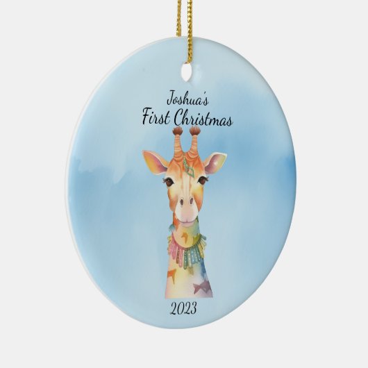 Baby's eerste kerst Giraffe blauw gepersonaliseerd Keramisch Ornament (Rechts)