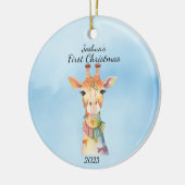 Baby's eerste kerst Giraffe blauw gepersonaliseerd Keramisch Ornament (Links)
