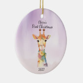 Baby's eerste kerst Giraffe Paarse gepersonaliseer Keramisch Ornament (Rechts)