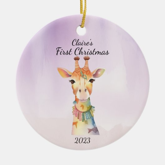 Baby's eerste kerst Giraffe Paarse gepersonaliseer Keramisch Ornament (Voorkant)