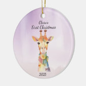 Baby's eerste kerst Giraffe Paarse gepersonaliseer Keramisch Ornament (Links)