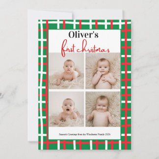 Baby's eerste kerst groen rood geruit 4 foto kaart
