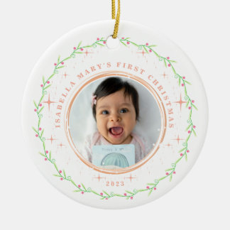 Baby's eerste kerst groen roze foto Ornament