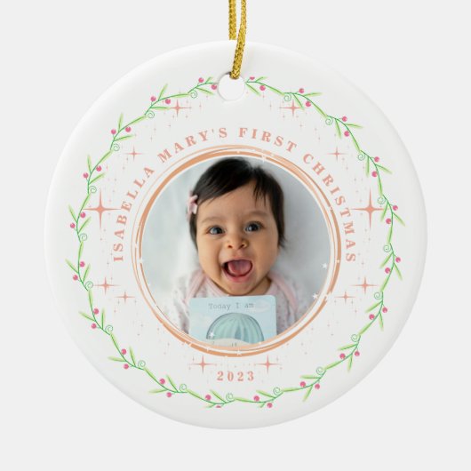 Baby's eerste kerst groen roze foto Ornament (Voorkant)