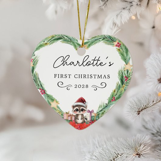 Baby's eerste kerst-hart en wasbeer keramisch ornament