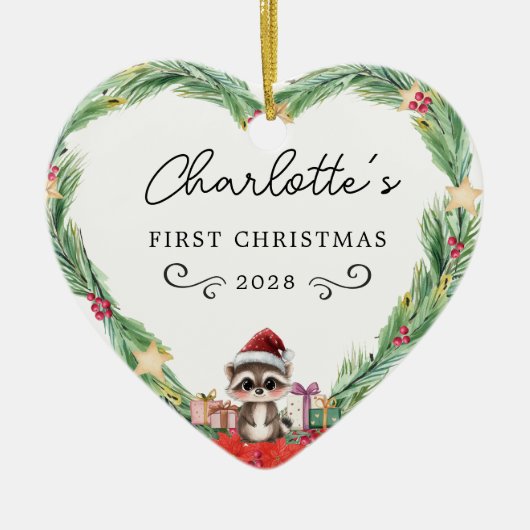 Baby's eerste kerst-hart en wasbeer keramisch ornament (Voorkant)