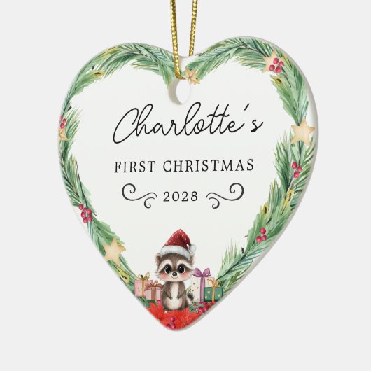 Baby's eerste kerst-hart en wasbeer keramisch ornament (Links)
