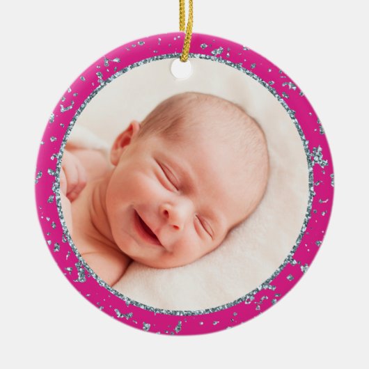 Baby's eerste kerst Hot Pink Silver Glitter Keramisch Ornament (Voorkant)