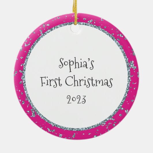 Baby's eerste kerst Hot Pink Silver Glitter Keramisch Ornament (Achterkant)