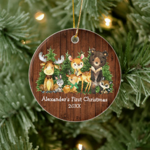 Baby's eerste kerst houten dieren hert groene stri keramisch ornament