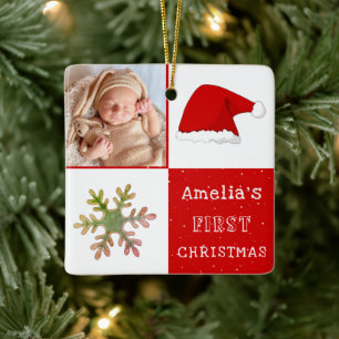 Baby's eerste kerst Kerstman Hoed Sneeuwvlok Foto Keramisch Ornament