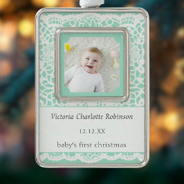 Baby's eerste kerst mintgroene kant foto verzilverd omlijst ornament