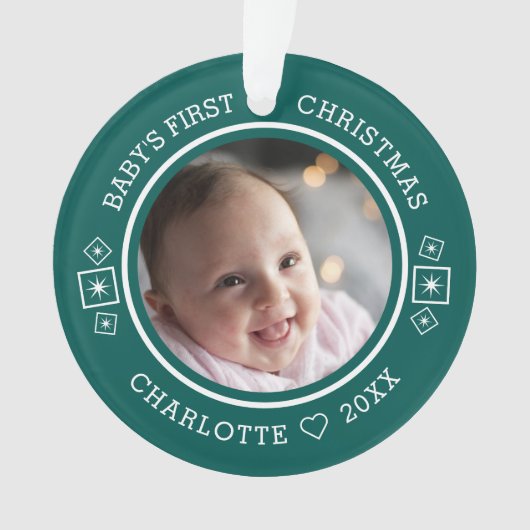 Baby's Eerste Kerst Mis Modern 2 Foto Groen Ornament (voorkant)