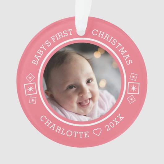 Baby's Eerste Kerst Mis Modern 2 Foto Roze Ornament (voorkant)